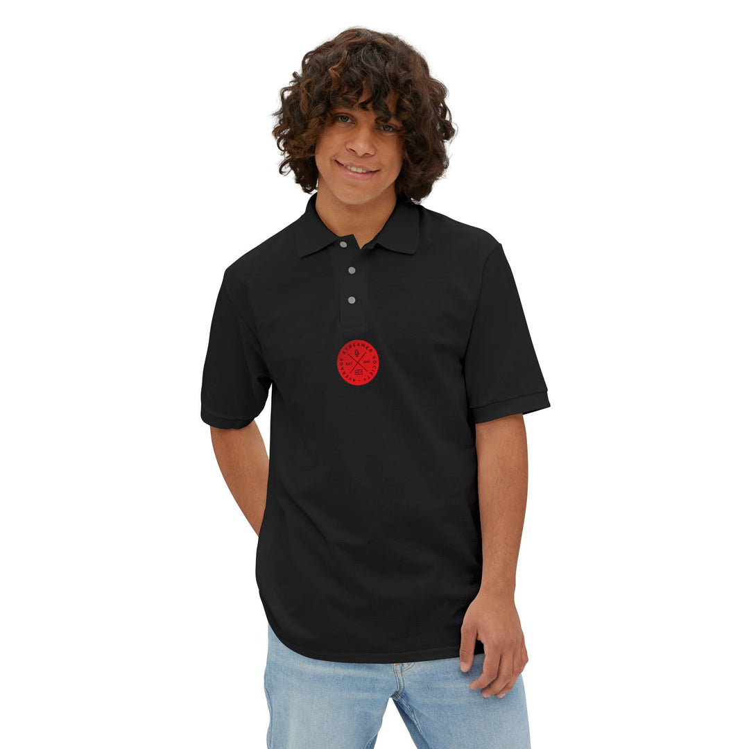Average Streamer Society Stylish Men's Piqué Polo with Red Emblem - Perfect for Casual Outings & Summer Events